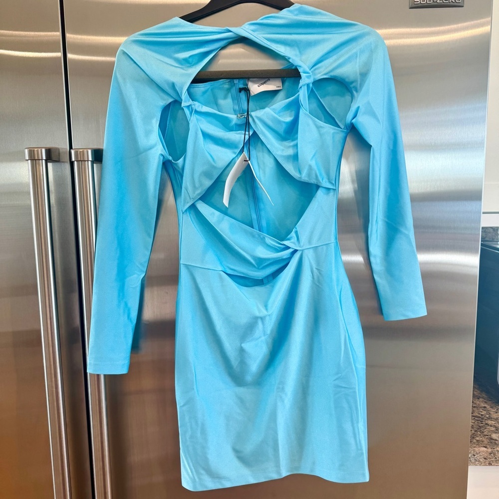 NWT Coperni cutout mini dress jersey turquoise blue body con long sleeve - Picture 2 of 11